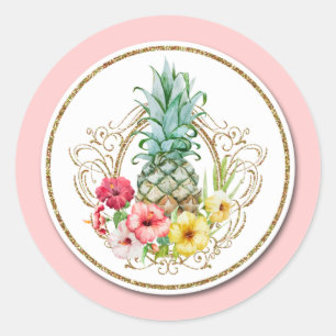 Ananas und Hibiskus Blume Wasserfarbe Tropisch Runder Aufkleber