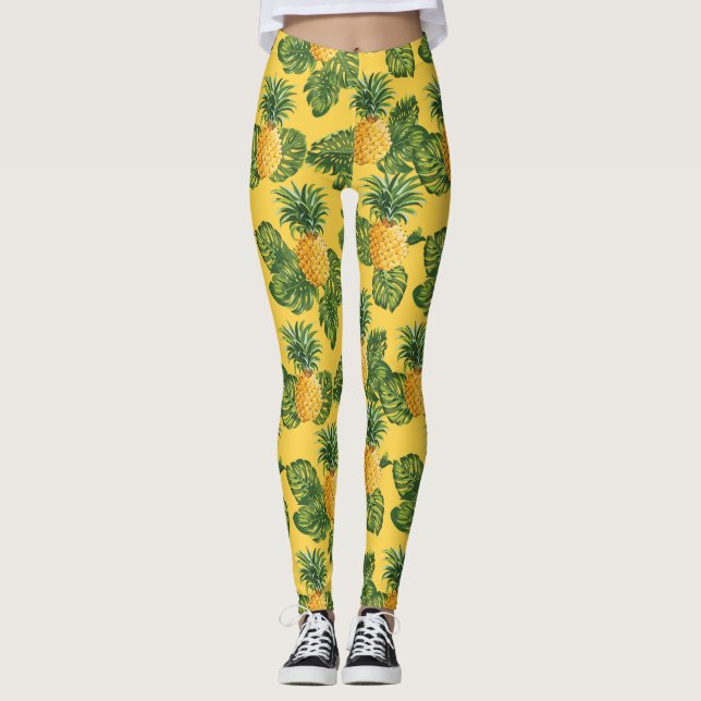Ananas und tropische Blätter auf Gold Leggings (Vorderseite)