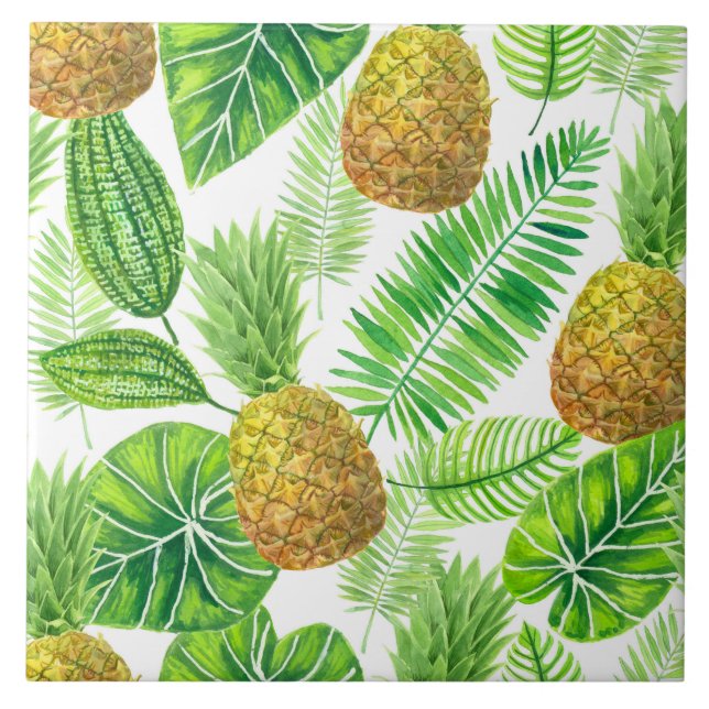 Ananas und tropische Blätter Fliese (Vorderseite)