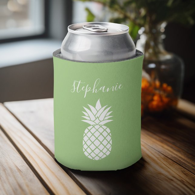 Ananas- und Whimsikgrün handgeschriebener Name Dosenkühler (Personalized can cooler with a place to add a name or other custom text)