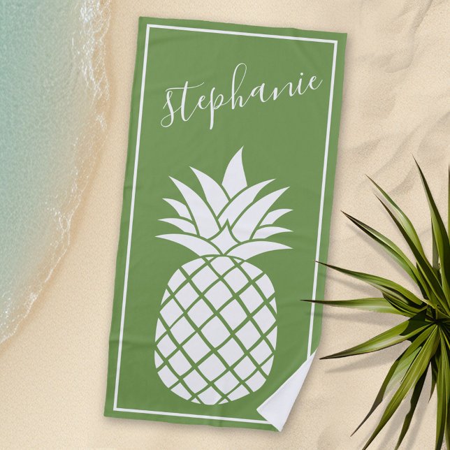 Ananas- und Whimsikgrün handgeschriebener Name Strandtuch (Personalized beach towel with a pineapple and name)