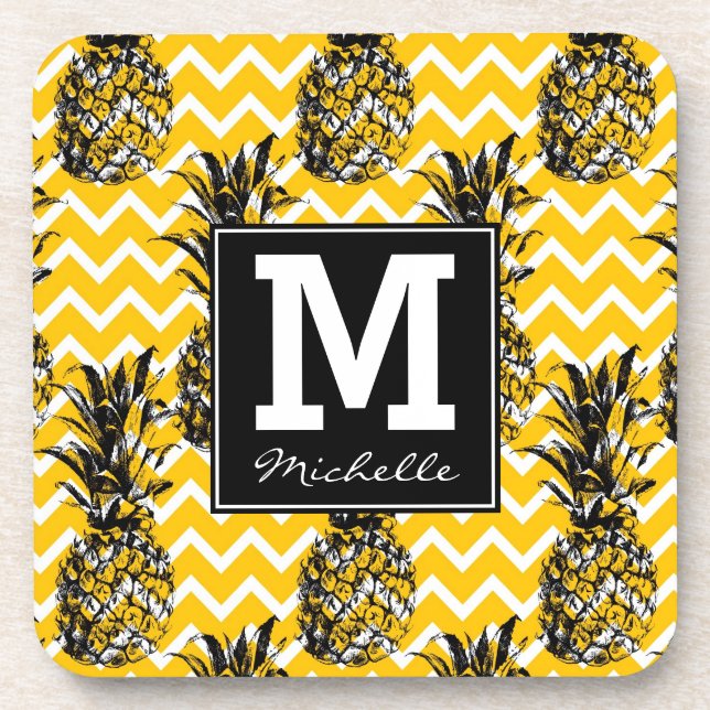 Ananas verläuft | Monogramm im Zickzack Getränkeuntersetzer (Vorderseite)