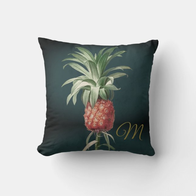 Ananas Vintages grünes tropisches Elegant Monogram Kissen (Vorderseite)