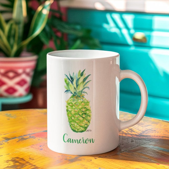 Ananas Wasserfarbe Original Art Boho Gelb Kaffeetasse (This cute boho pineapple mug can keep those Hawaiian summer vacation vibes going all year long!)