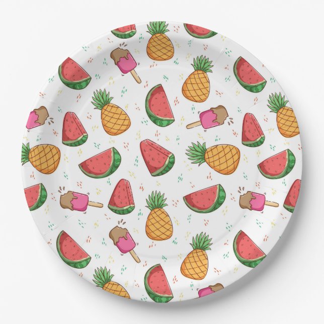 Ananas, Wassermelonen und Eiscreme Pappteller (Vorderseite)