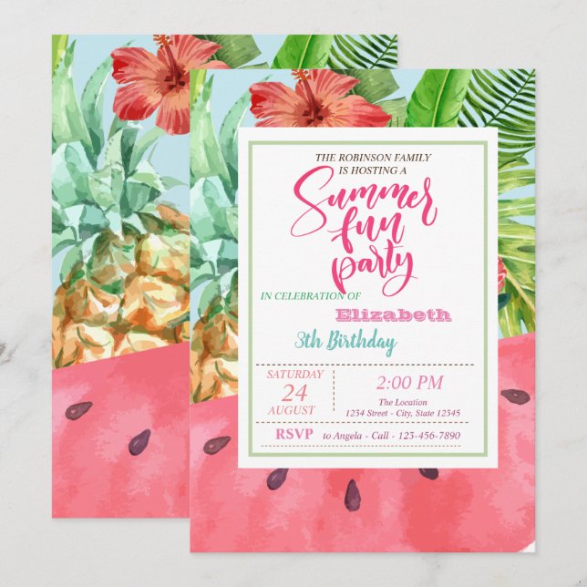 Ananas, Watermelon Palmenblättrig Sommer Geburtsta Einladung (Vorne/Hinten)