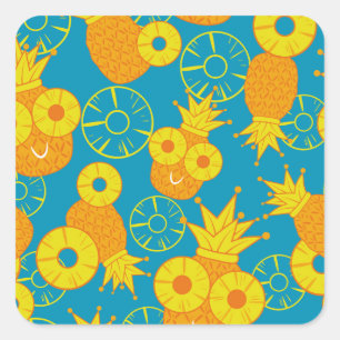 Ananasringe: Doodle Cartoon Vintage. Quadratischer Aufkleber