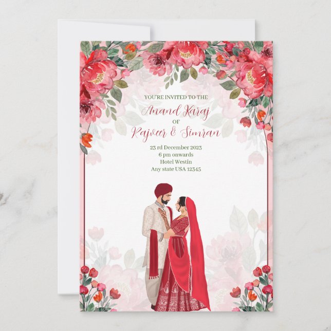 Anand Karaj Invites, Sikh Hochzeit Einladung (Vorderseite)