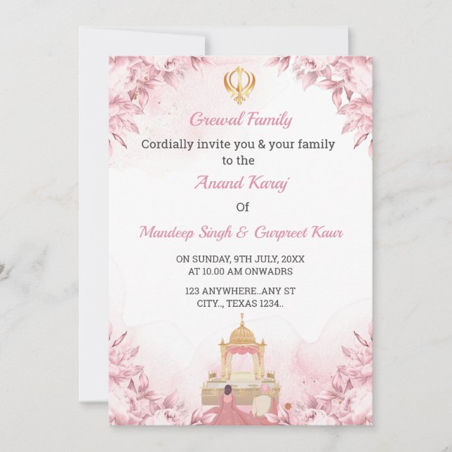 Anand Karaj Wedding Invitation card, Sikh Wedding Einladung (Vorderseite)