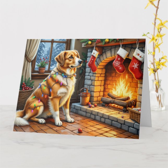 Anatolian Shepherd Fireplace with Christmas Lights Karte (Gelbe Blume)