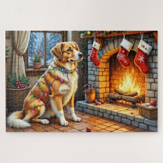 Anatolian Shepherd Fireplace with Christmas Lights Puzzle (Horizontal)