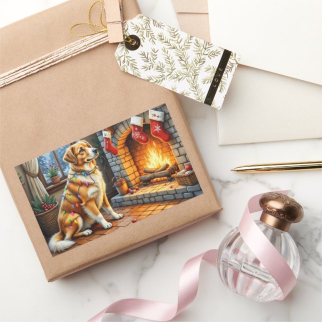 Anatolian Shepherd Fireplace with Christmas Lights Rechteckiger Aufkleber (Schenken)