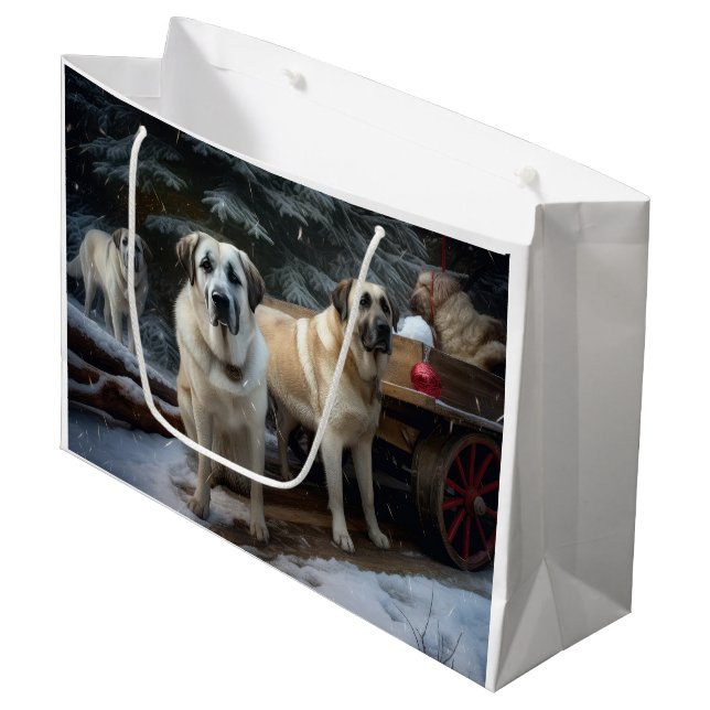 Anatolian Shepherd Snowy Sleigh Weihnachtsdekor Große Geschenktüte (Vorderseite Schrägansicht)