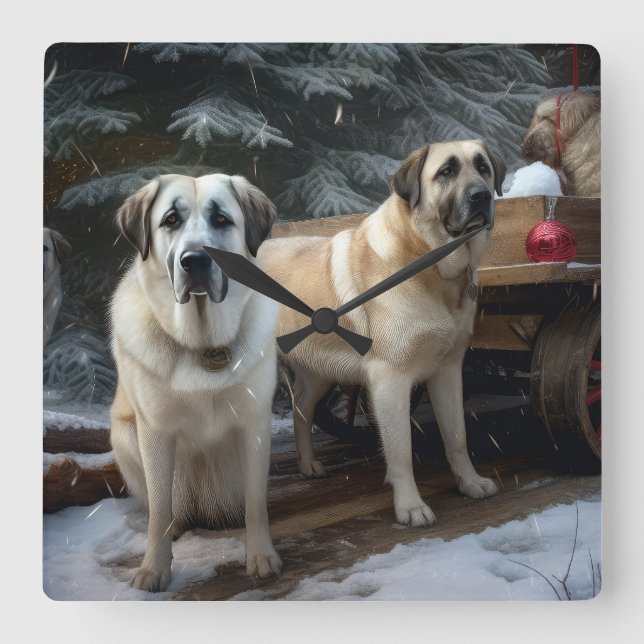 Anatolian Shepherd Snowy Sleigh Weihnachtsdekor Quadratische Wanduhr (Vorderseite)