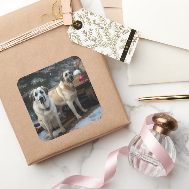 Anatolian Shepherd Snowy Sleigh Weihnachtsdekor Quadratischer Aufkleber (Schenken)