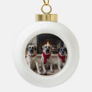 Anatolischer Schäferhund am Feuerplatz Weihnachten Keramik Kugel-Ornament