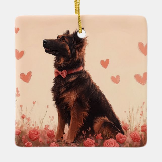 Anatolischer Schäferhund mit Rose - Valentinstag Keramikornament (Vorderseite)