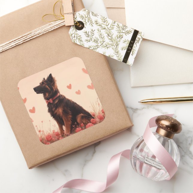 Anatolischer Schäferhund mit Rose - Valentinstag Quadratischer Aufkleber (Schenken)