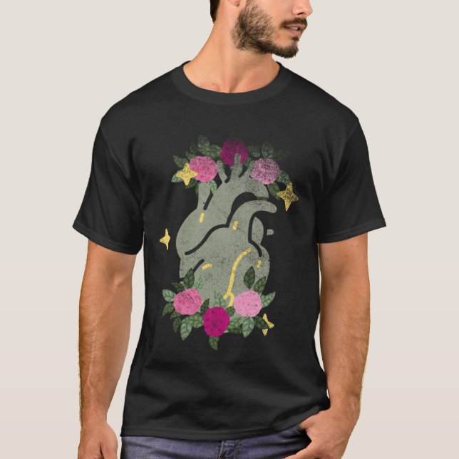 Anatomical Heart And Flowers  Men Women Cardiologi T-Shirt (Vorderseite)