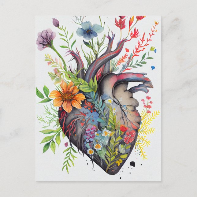 Anatomische Herz- und Aquarellfarben-Blume Liebe Postkarte (Vorderseite)