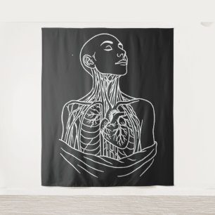 Anatomische Himmelfahrt – Verängstigte Line‑Art‑Fi Wandteppich