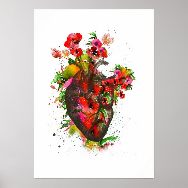 Anatomisches Herz mit Blume, Blumenherz Poster (Vorne)