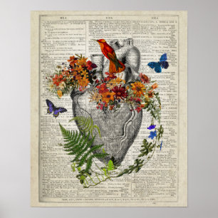 Anatomisches Herz mit Blume & Hummingbird Poster