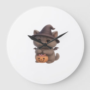 Anbetungswertes Kätzchen im Halloween-Hexenkostüm Große Wanduhr