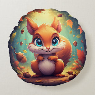 Anbetungswürdige Cartoon-Eichhörnchenfigur im Wald Rundes Kissen