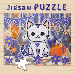 Anbetungswürdige Cartoon-Katze gemütliche Winter-H Puzzle