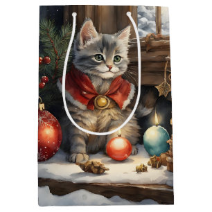 Anbetungswürdige Katze im roten Umhang zu Weihnach Mittlere Geschenktüte