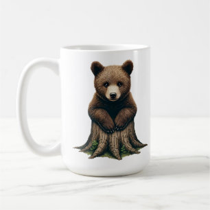 Anbetungswürdiger Bärenjunge auf Baumstumpf Wald Kaffeetasse