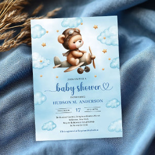 Anbetungswürdiger blauer Teddybär-Pilot-Babyshower Einladung