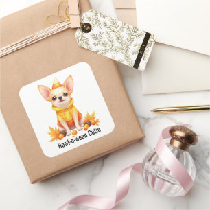 Anbetungswürdiger Chihuahua-Welpe im Candy-Corn-Ko Quadratischer Aufkleber