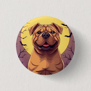 Anbetungswürdiger Hund in einer Halloween-Szene mi Button