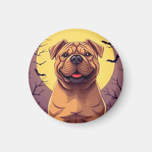Anbetungswürdiger Hund in einer Halloween-Szene mi Magnet