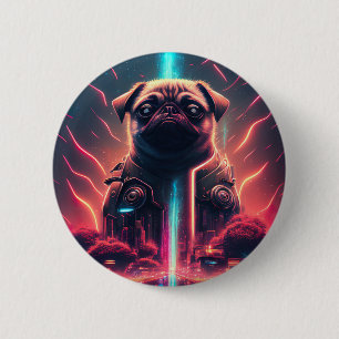 Anbetungswürdiger Mops in futuristischem Roboterko Button
