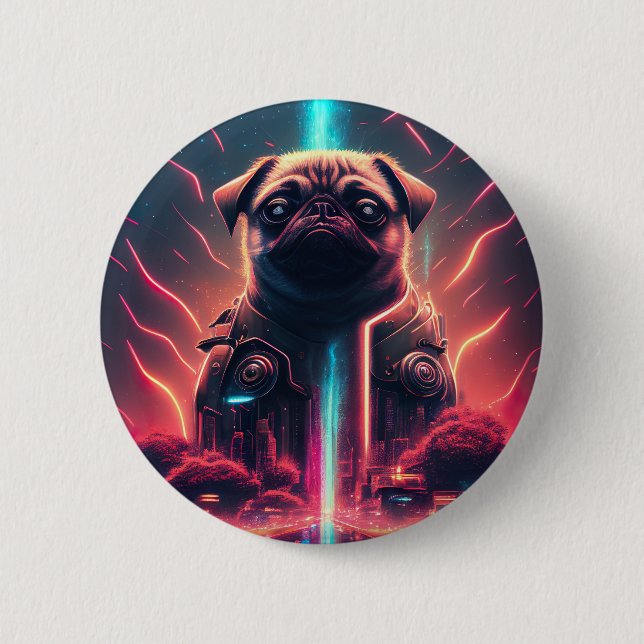 Anbetungswürdiger Mops in futuristischem Roboterko Button (Vorderseite)