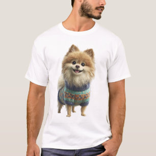 Anbetungswürdiger Pomeranian-Hund in farbenfroher T-Shirt