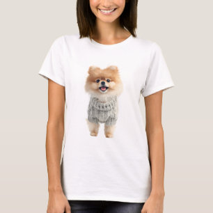 Anbetungswürdiger Pomeranian mit grauem gestrickte T-Shirt