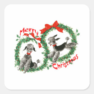 Anbetungswürdiger Retro-Weihnachts-Pudel-Kranz Ben Quadratischer Aufkleber