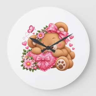Anbetungswürdiger Teddybär mit rosa Schleife & Her Große Wanduhr