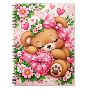 Anbetungswürdiger Teddybär mit rosa Schleife & Her Notizblock