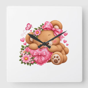 Anbetungswürdiger Teddybär mit rosa Schleife & Her Quadratische Wanduhr