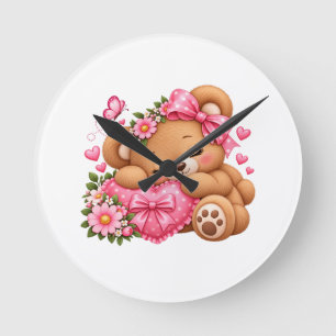 Anbetungswürdiger Teddybär mit rosa Schleife & Her Runde Wanduhr