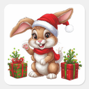 Anbetungswürdiger Weihnachts-Hase mit Santa-Hut Quadratischer Aufkleber