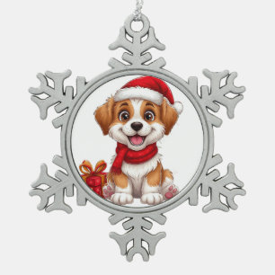 Anbetungswürdiger Weihnachtshund mit Santa-Hut Schneeflocken Zinn-Ornament