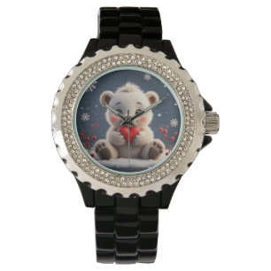 Anbetungswürdiger weißer Eisbärjunge hält ein rote Armbanduhr
