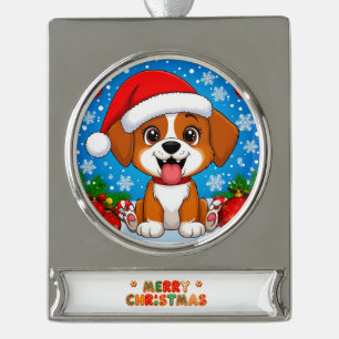 Anbetungswürdiger Welpe mit Santa-Hut und Weihnach Banner-Ornament Silber