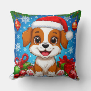Anbetungswürdiger Welpe mit Santa-Hut und Weihnach Kissen